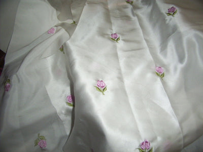 100 % Silk satin fabric ivory colour Rose embroidery 44" wide [486] custom order