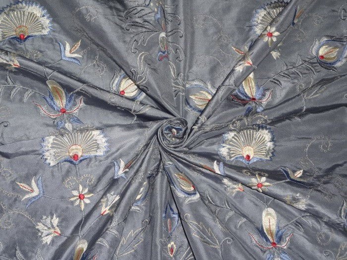 100% SILK taffeta Fabric Floral Embroidery Icy Blueish/grey TAFE8