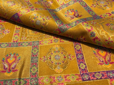 Silk Brocade fabric mustard gold with squares of floral  motifs BRO1090[2]