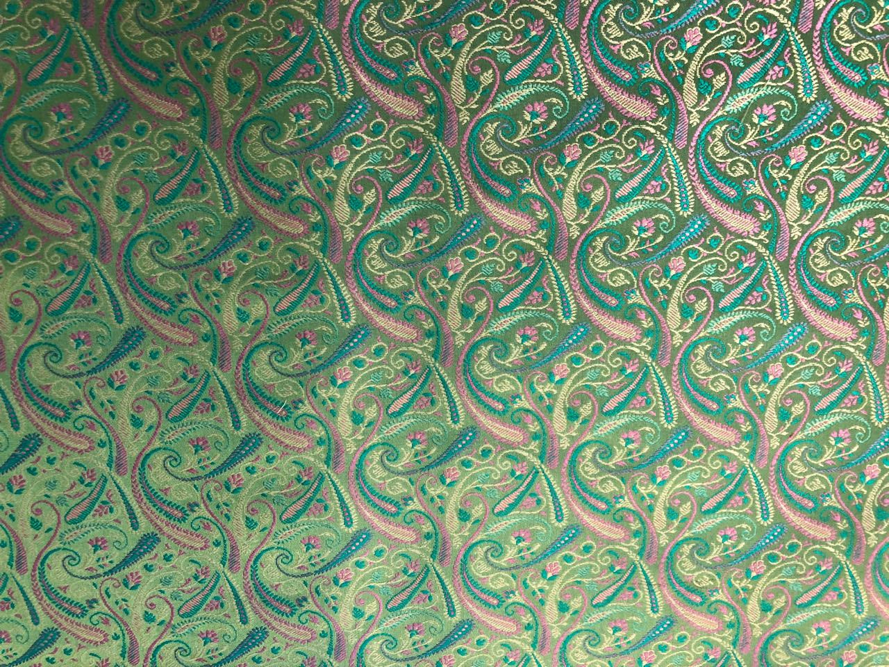 Silk Brocade fabric multi color paisleys available in 4 colors red , green , minty olive and silver BRO1089