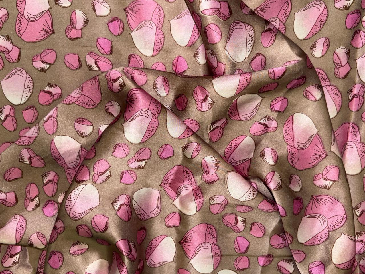 100% Pure Silk Satin 80 grams Dusty olive with pink motifs 54"Wide Fabric [18284]