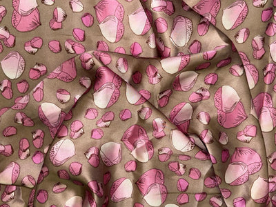 100% Pure Silk Satin 80 grams Dusty olive with pink motifs 54"Wide Fabric [18284]