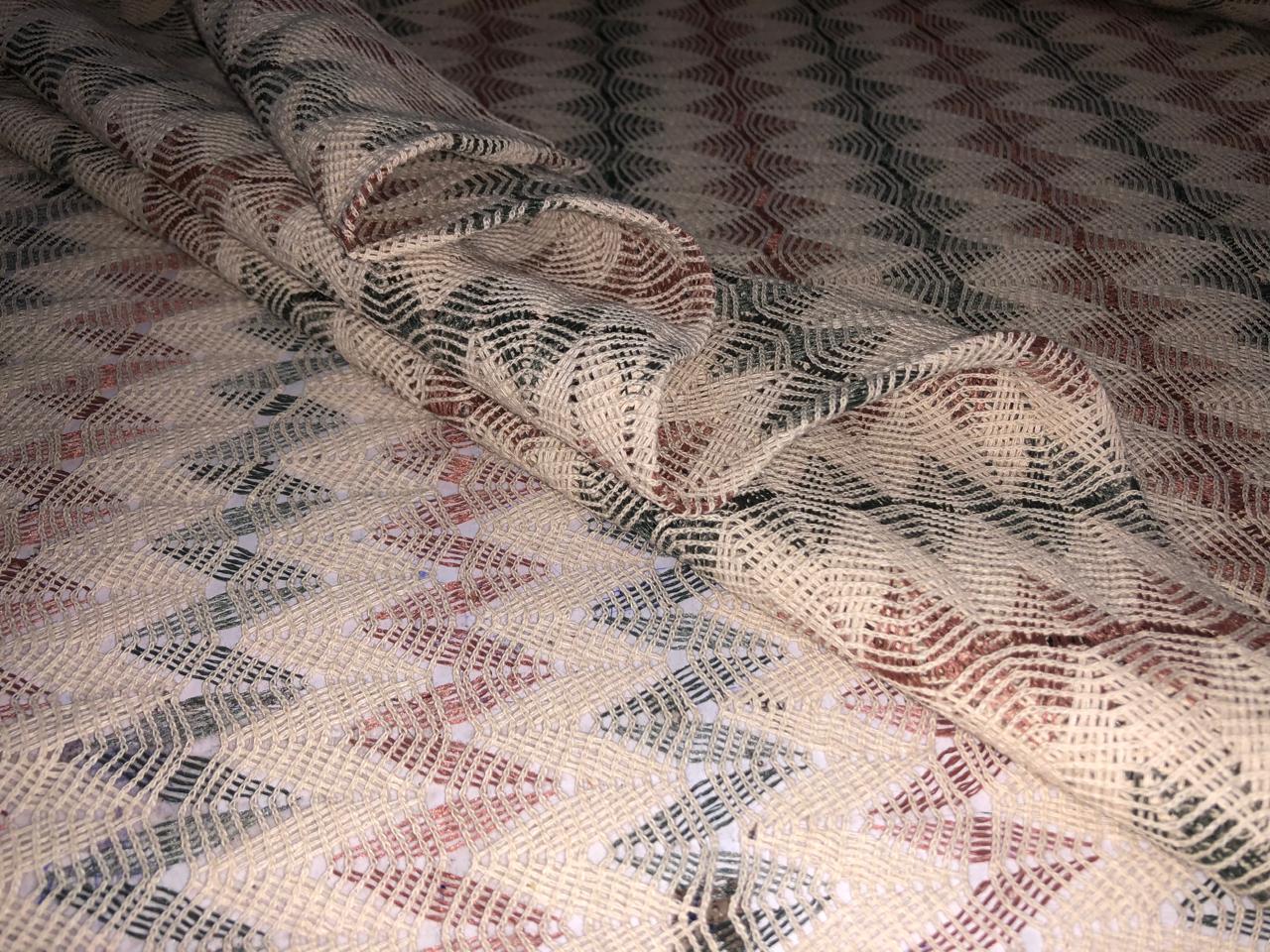 Cotton x jute fancy LACE overlay fabric offers intricate woven patterns 72"available in  2 designs diamond with squares and brown,green and cream triangles