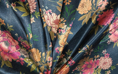 Viscose  Modal Satin fabric Digital pink,cream,orange,peach,green Floral Print 44" wide available in 3 colors black, dark teal and mustard gold