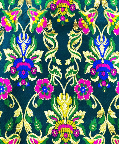 Silk Brocade heavy  fabric 58" emerald green with bright pink, royal blue and mustard gold x metallic gold BRO1039[1]