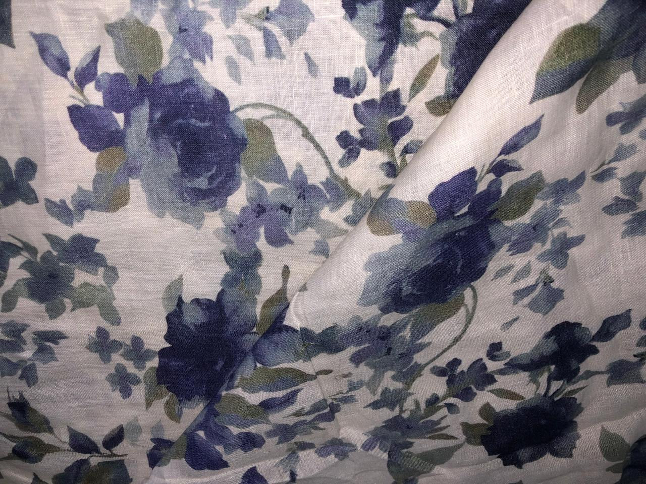 70's lea  pure linen fabric 44 inch wide grey and blue floral print [17649]