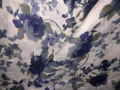 70's lea  pure linen fabric 44 inch wide grey and blue floral print [17649]