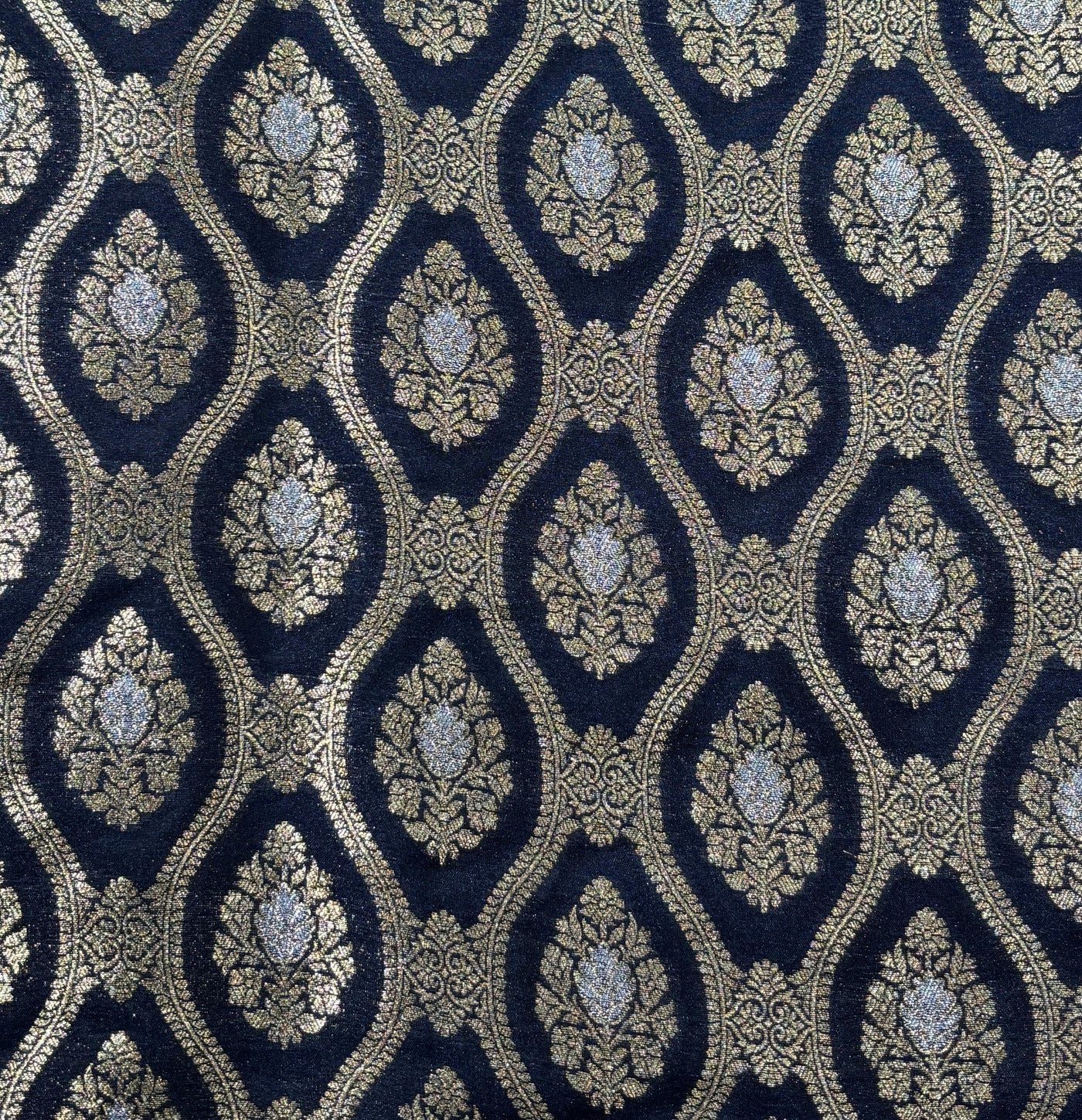 Silk Brocade fabric 44" dark navy with silver and gold metallic jacquard  motif BRO1055[1]