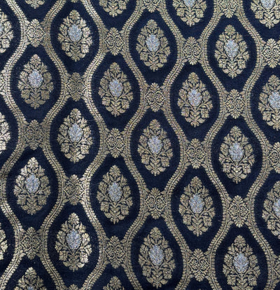 Silk Brocade fabric 44" dark navy with silver and gold metallic jacquard  motif BRO1055[1]