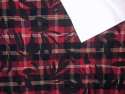 100% Cotton twill print Scottish tartan plaids with leaves available in 2 colors red, yellow, navy and white AND NAVY SELF