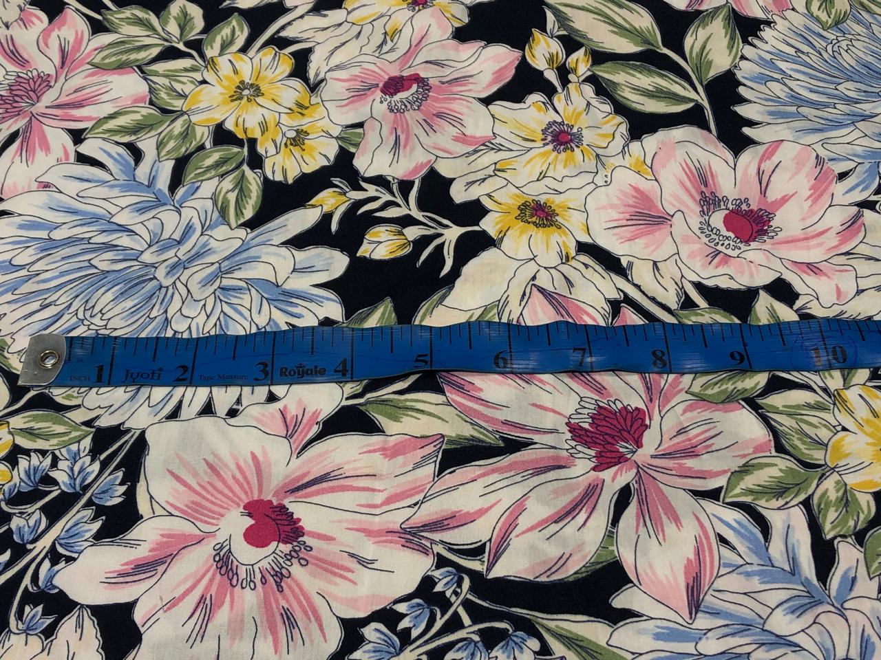 100% Cotton Poplin 58" black with pink, yellow ,blue and green floral [17581]