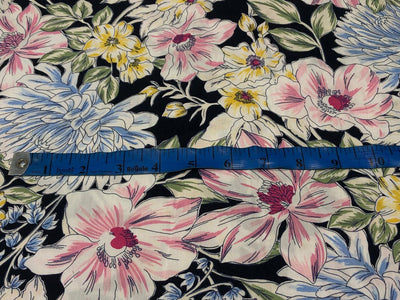 100% Cotton Poplin 58" black with pink, yellow ,blue and green floral [17581]