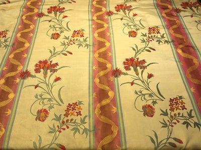 100% Silk Taffeta Jacquard Fabric golden brown  with red orange floral jacquard and stripes  54" wide TAFJACNEW24
