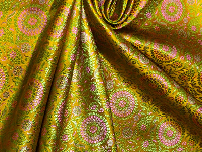 Silk Brocade fabric 44" wide INTRICATE JACQUARD available in 3 colors bright navy ,neon green and candy /golden khaki and candy AND  GOLDEN YELLOW,SALMON PINK AND NEON GREEN BRO960[1/2/3]