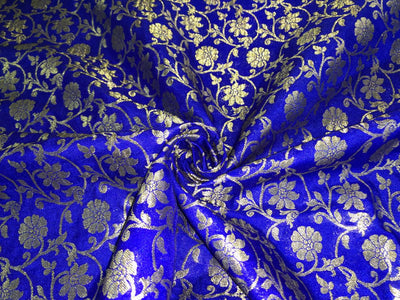 Silk Brocade fabric 44"all over floral vines in subtle metallic gold  jacquard available in 2 colors royal blue  and green BRO1041 (3/4)