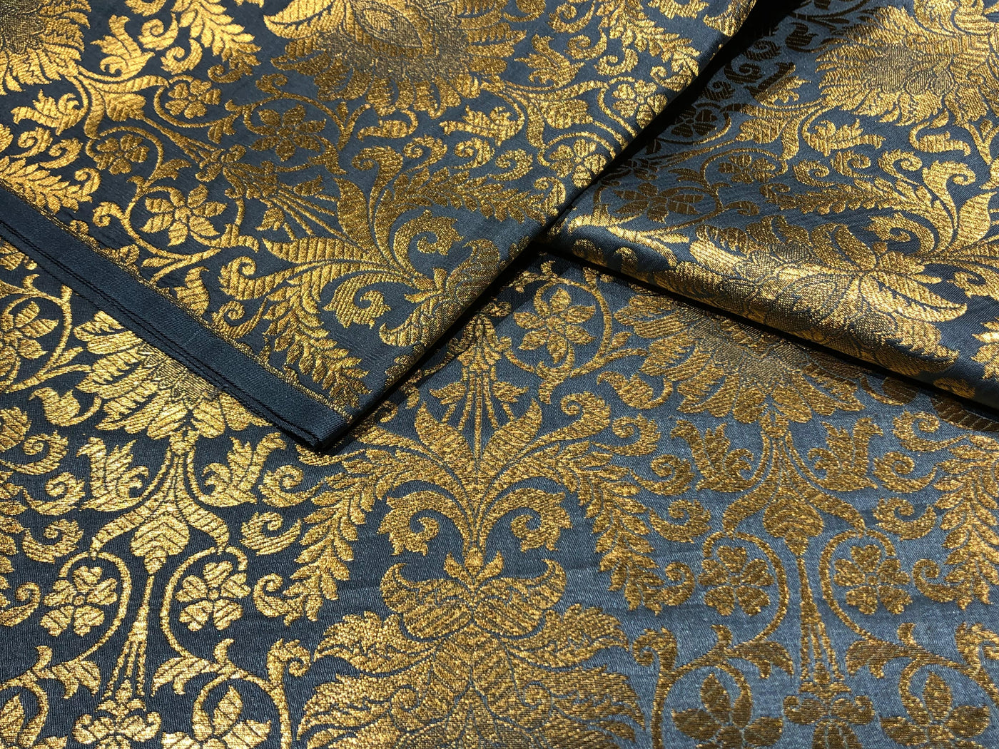 Silk Brocade fabric slate blue with metallic gold   jacquard  BRO1024[4]