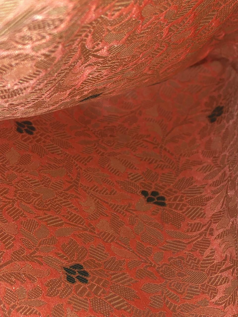 Silk Brocade fabric 44" peach and green with metallic white gold floral jacquard BRO1038[3]