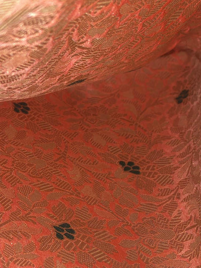 Silk Brocade fabric 44" peach and green with metallic white gold floral jacquard BRO1038[3]