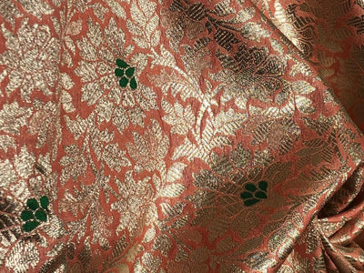 Silk Brocade fabric 44" peach and green with metallic white gold floral jacquard BRO1038[3]