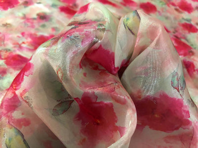 Shimmer Organza  fabric, Gleam sheer fabric Digital Print 54" wide available in 3 prints ivory with a spray of pink roses/cream with blue ,pink orange flowers and bright yellow with pink and blue flowers