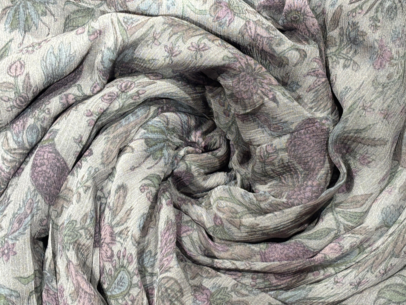 Silk chiffon  fabric iridescent  pink green and grey floral with bird  print  44" wide [17794]
