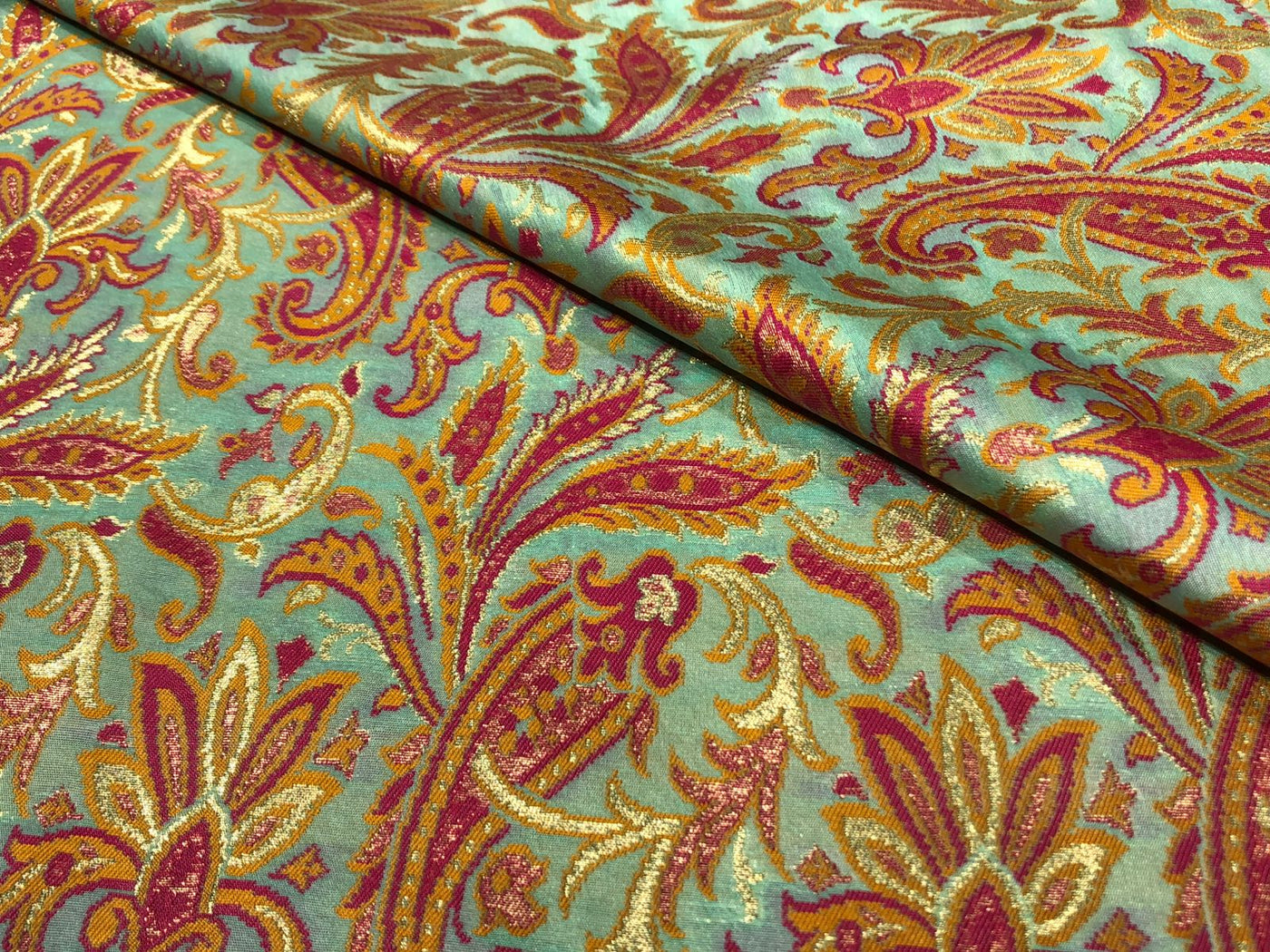 Silk Brocade fabric 44" floral, paisley with gold metallic jacquard available in 3 colors pink,peach,mango/mint green,pink,mango and silver grey,pink,mango BRO1058
