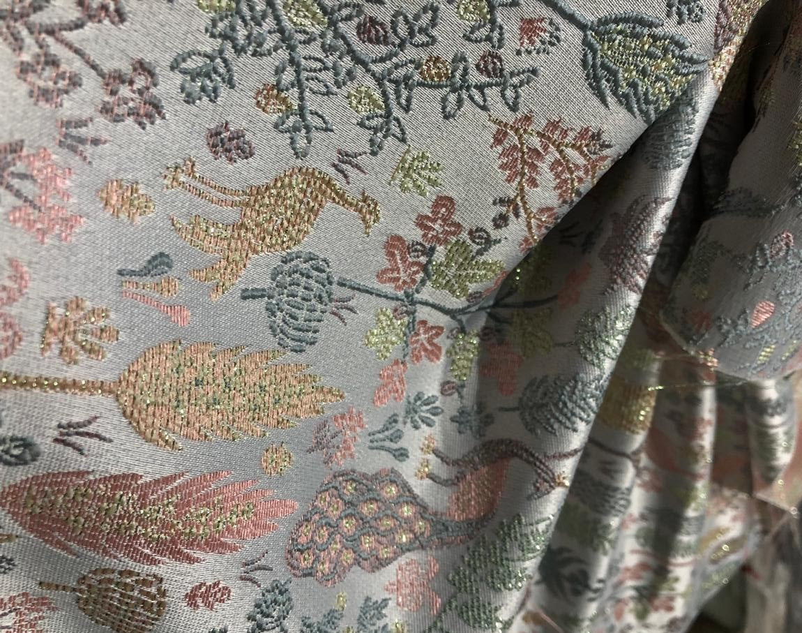 Silk Brocade fabric  jacquard with with subtle embroidery with subtle shimmer 54"silver grey, pink, and green peacocks BRO1034[3]