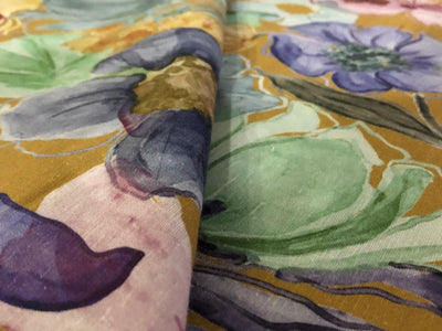 100% linen Floral digital print fabric 44" wide available in 3 colors grey, pink, mustard/mustard ,pink, grey, purple and purple, dusty green