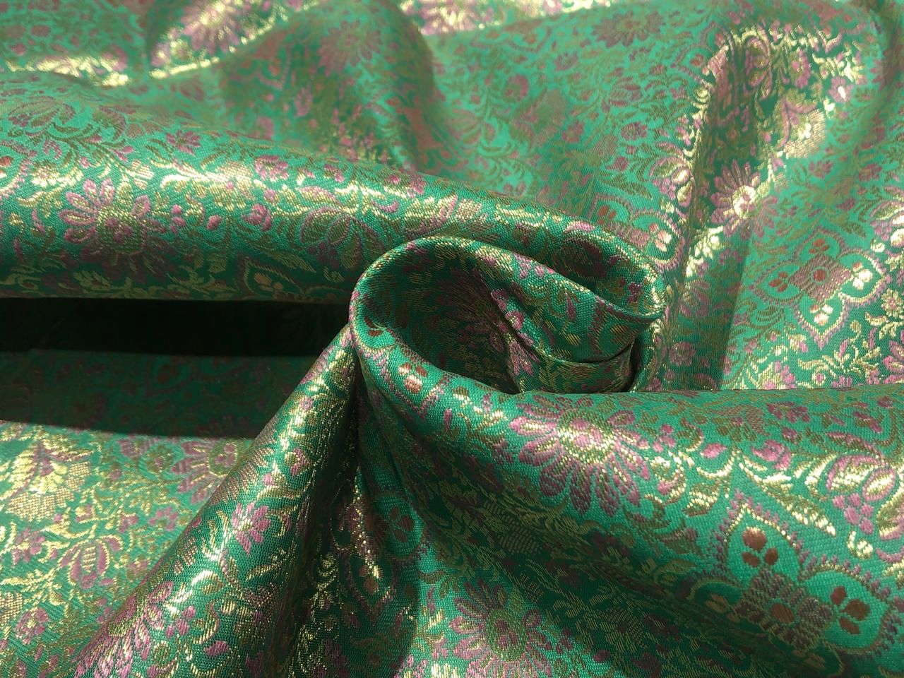Silk Brocade fabric 44" pink and metallic gold floral jacquard available in 3 colors silver grey, green and pinkBRO1047