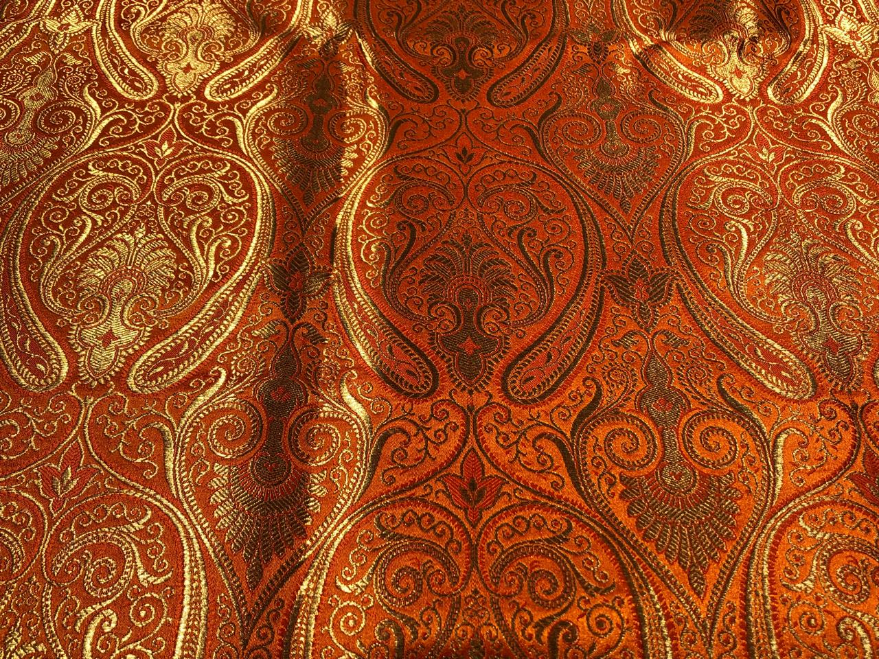 Silk Brocade fabric 44" paisley metallic gold  jacquard available in 2 colors bright orange and turquoise blue  BRO1049