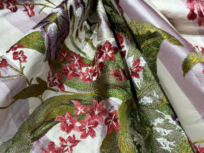 100% Silk dupioni silk 54&quot;-dark ivory  and mauve and mauve taupe color stripe  with floral embroidery in plum, mauve and burgundy  DUPE65