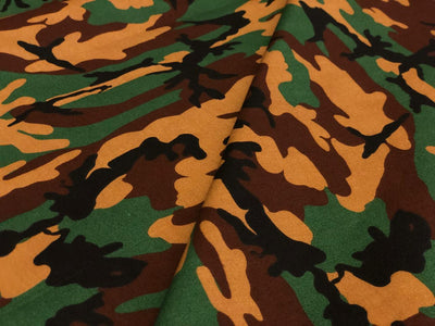 100% Cotton available in 2 prints and colors in the army  print 58" wide greens/ black and green/browns [18692/93]