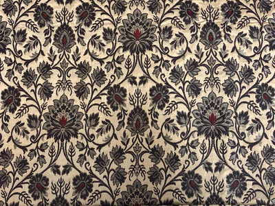 Silk Brocade fabric ivory with silver grey and red floral jacquard BRO1069[3]