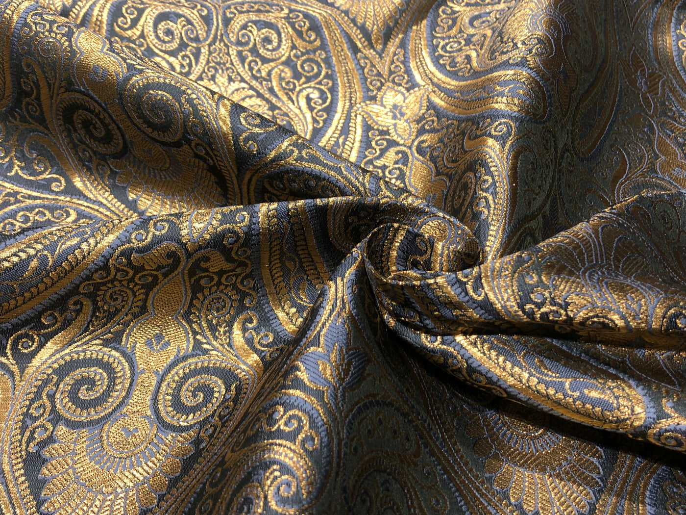 Silk Brocade fabric blueish grey with metallic gold paisley  jacquard BRO1024[5]