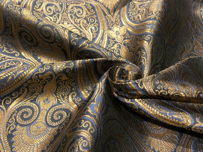 Silk Brocade fabric blueish grey with metallic gold paisley  jacquard BRO1024[5]