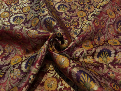 Silk Brocade fabric burgundy with pretty mustard, purple, green  floral jacquard BRO1092[2]