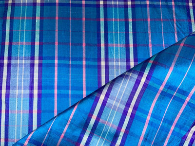 SILK DUPIONI Scottish tartan  plaids blue pink color 44" wide DUPC64