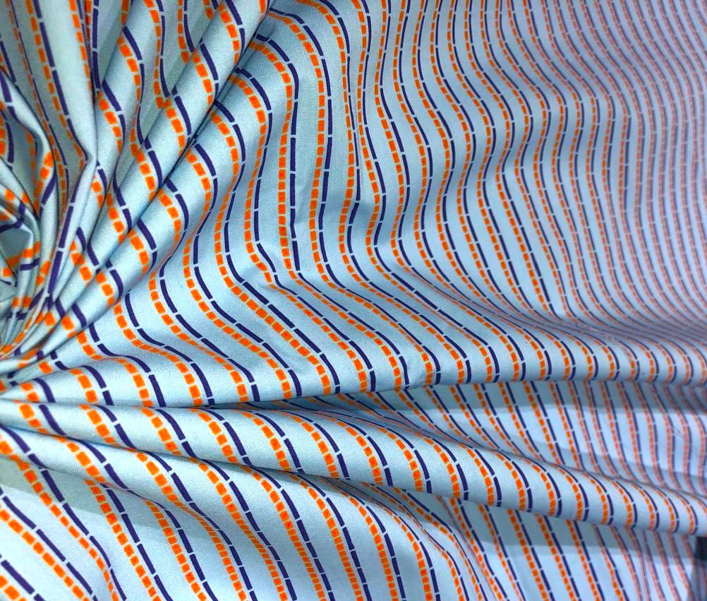 100% Cotton Poplin 58" blue with royal blue and orange stripes [17561]
