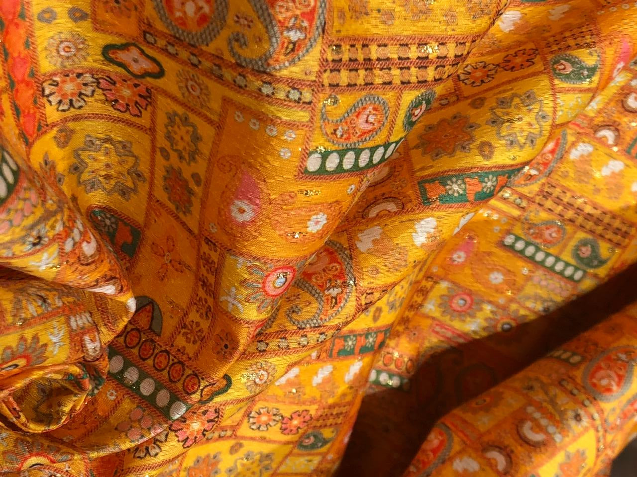 Silk Brocade fabric 56" mango color paisley and flower with subtle metallic gold jacquard  BRO1060[3]