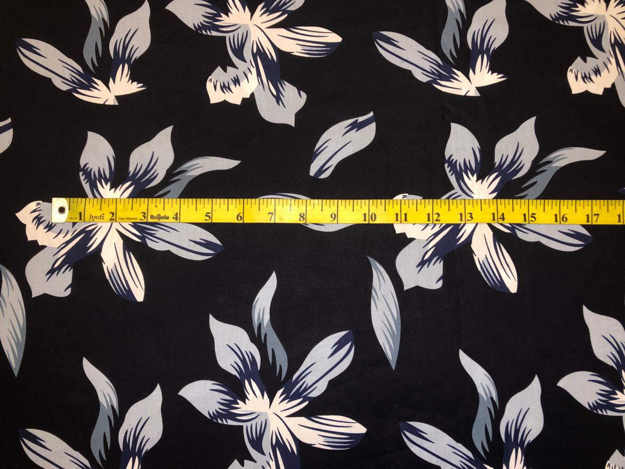 100% Cotton Poplin black navy with big white ,grey and navy floral motif  53" wide [18488]