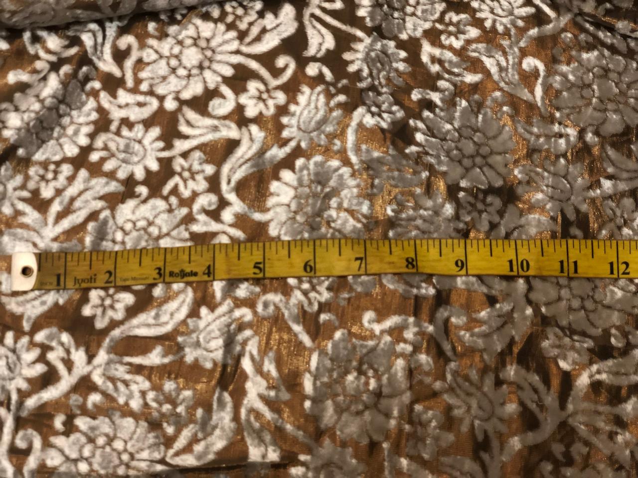 White Devore Viscose Burnout Velvet fabric 44" wide antique gold available in 2 designs floral & swirl motifs [18313/14]
