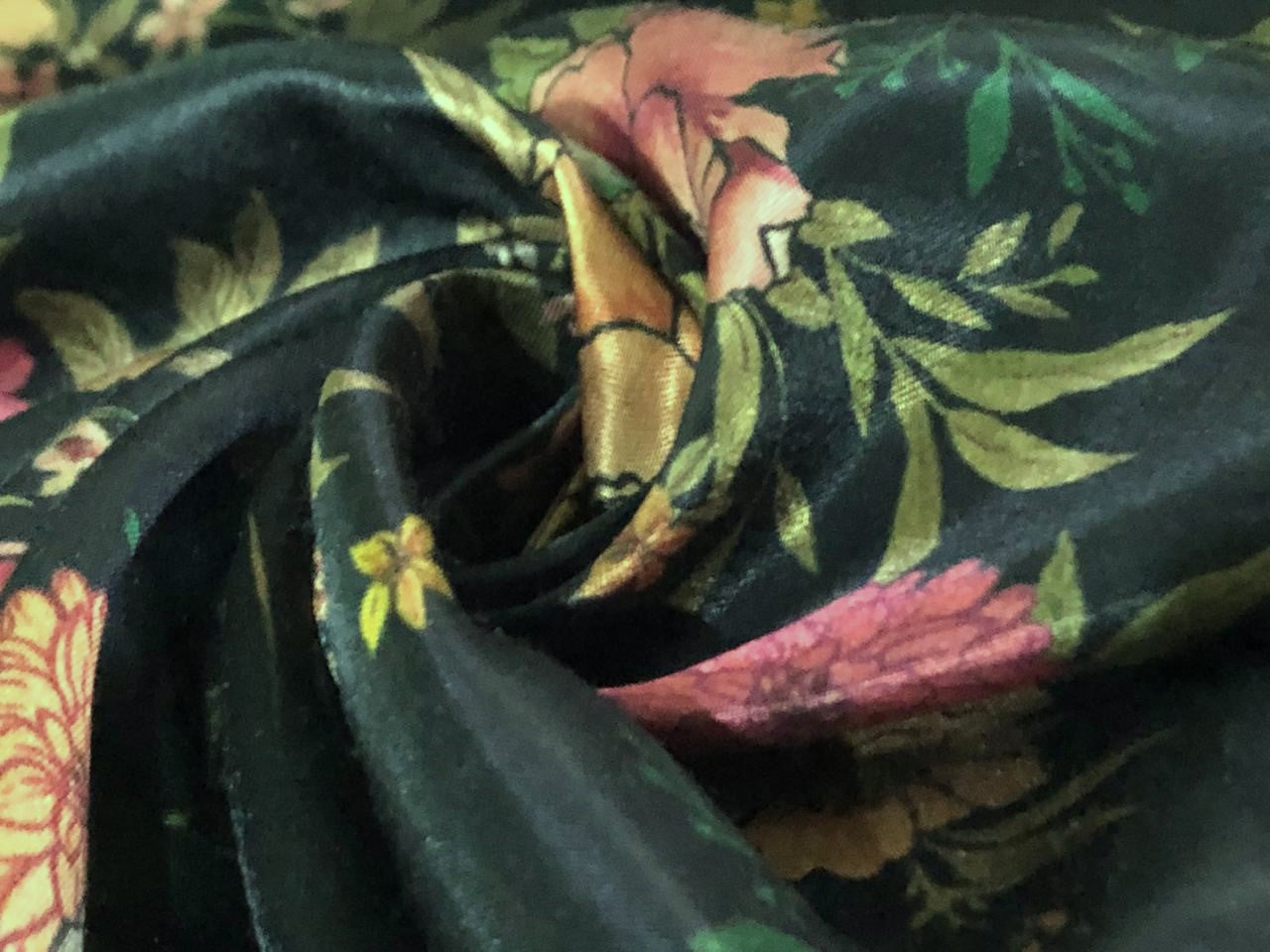 Viscose  Modal Satin fabric Digital pink,cream,orange,peach,green Floral Print 44" wide available in 3 colors black, dark teal and mustard gold