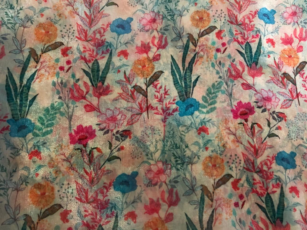 Shimmer Organza  fabric, Gleam sheer fabric Digital Print 54" wide available in 3 prints ivory with a spray of pink roses/cream with blue ,pink orange flowers and bright yellow with pink and blue flowers