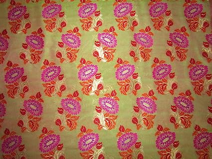 Silk Brocade fabric magenta stripe, metallic gold red and orange flowers 44" wide BRO735[4]