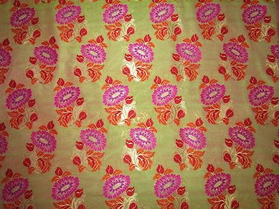 Silk Brocade fabric magenta stripe, metallic gold red and orange flowers 44" wide BRO735[4]