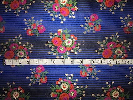 Silk Brocade fabric royal blue stripe ,metallic gold pink and orange flowers 44" wide BRO735[2]