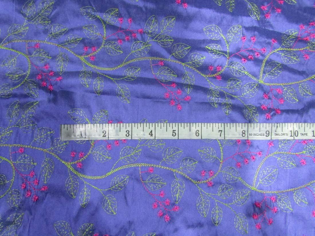 100% SILK DUPION Blue WITH pink and green FLORAL EMBROIDERY 54" wide DUPE60[1]