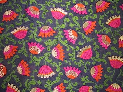 Silk Brocade fabric navy, pink rusty orange green and metallic gold color 44" wide BRO734[1]