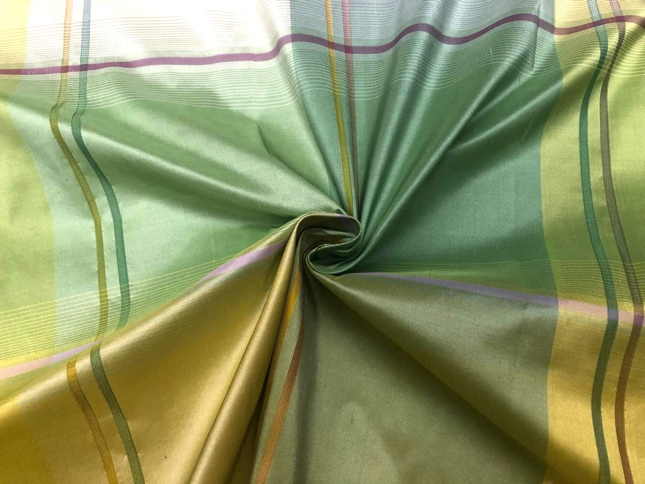 Pastel Silk Taffeta Fabric with Satin Plaid Lime Green, Yellow & Pink : 54” Wide (TAFC69)