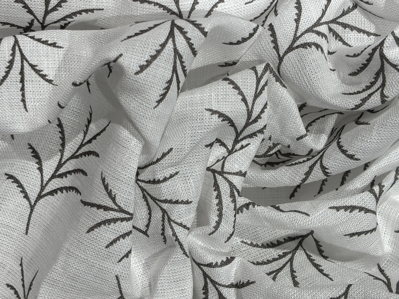 Linen 70's lea  pure linen fabric 58 inch wide white and grey leaf motif  print [17682]